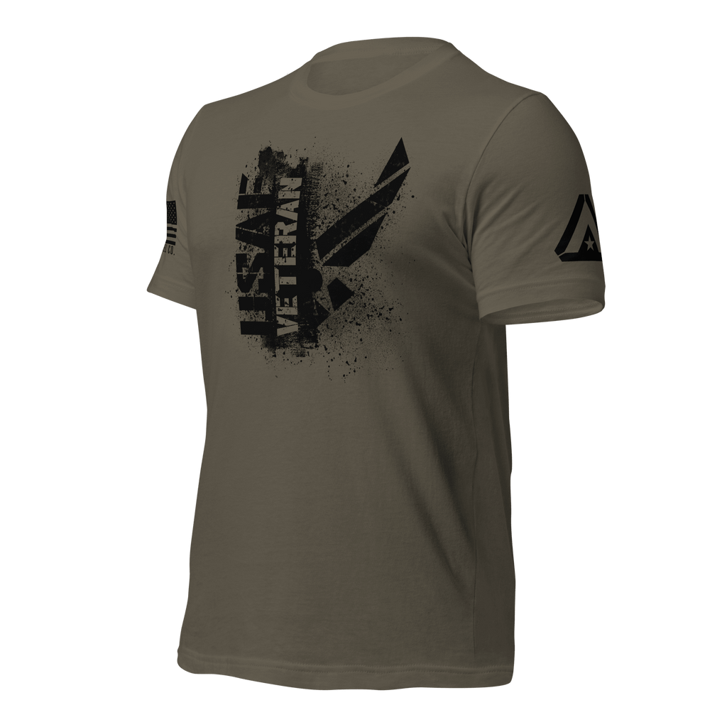 Army green t-shirt, three-quarter view angled right, featuring a black "USAF VETERAN" chest graphic and DIA logo.
