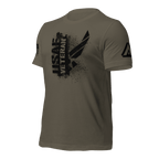 Army green t-shirt, three-quarter view angled right, featuring a black "USAF VETERAN" chest graphic and DIA logo.