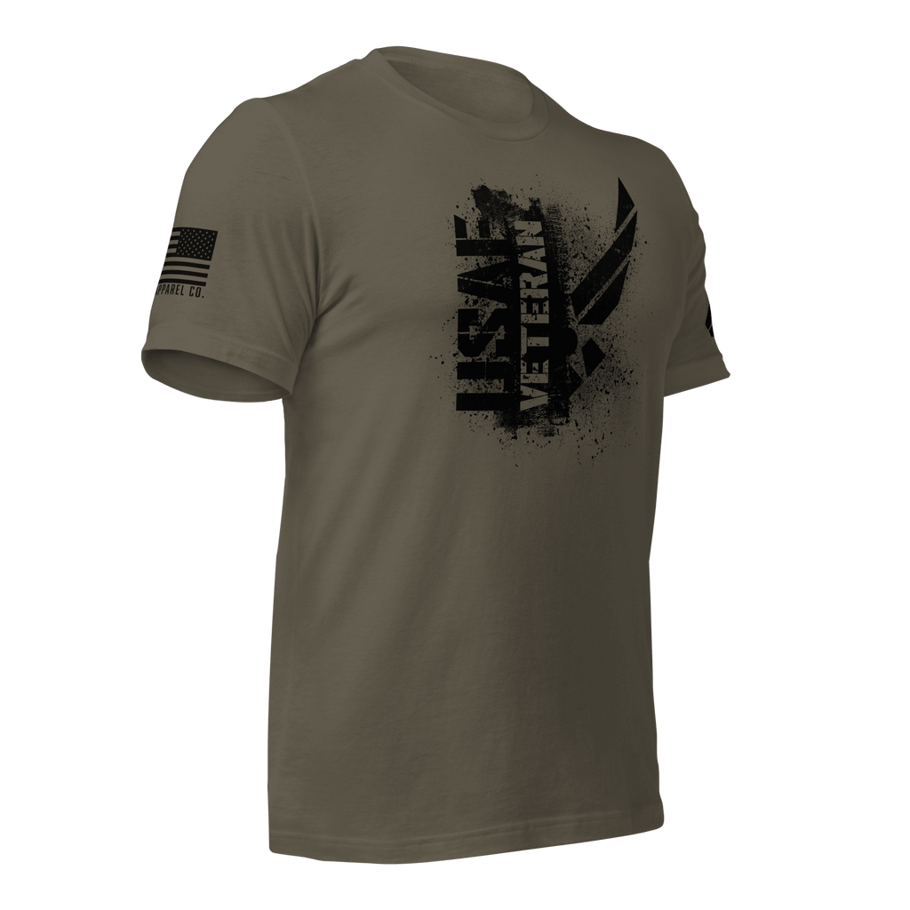 Army green t-shirt, three-quarter view angled left, featuring a black "USAF VETERAN" chest graphic and an American flag.