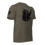 Army green t-shirt, three-quarter view angled left, featuring a black "USAF VETERAN" chest graphic and an American flag.