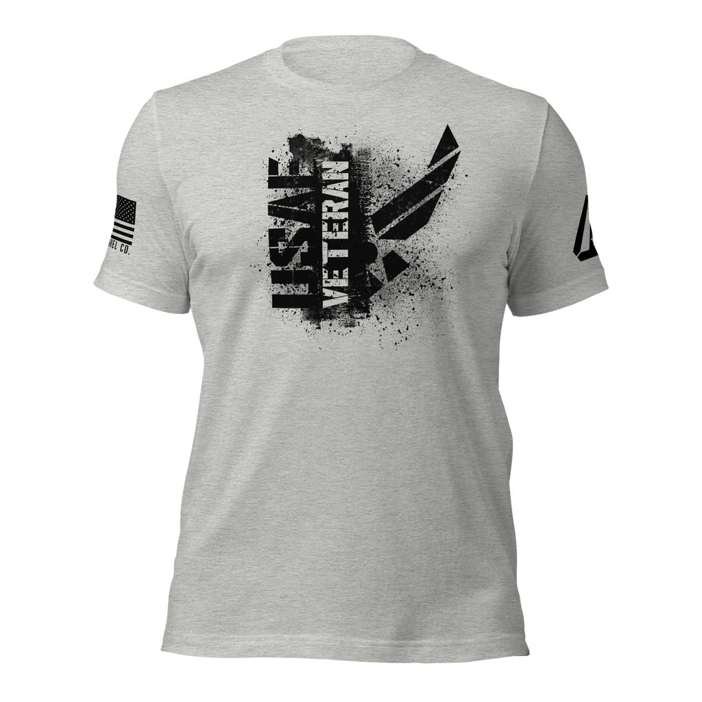 Athletic heather t-shirt featuring a black "USAF VETERAN" chest graphic, an American flag, and a DIA logo on the sleeves.
