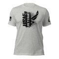 Athletic heather t-shirt featuring a black "USAF VETERAN" chest graphic, an American flag, and a DIA logo on the sleeves.