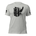 Athletic heather t-shirt featuring a black "USAF VETERAN" chest graphic, an American flag, and a DIA logo on the sleeves.