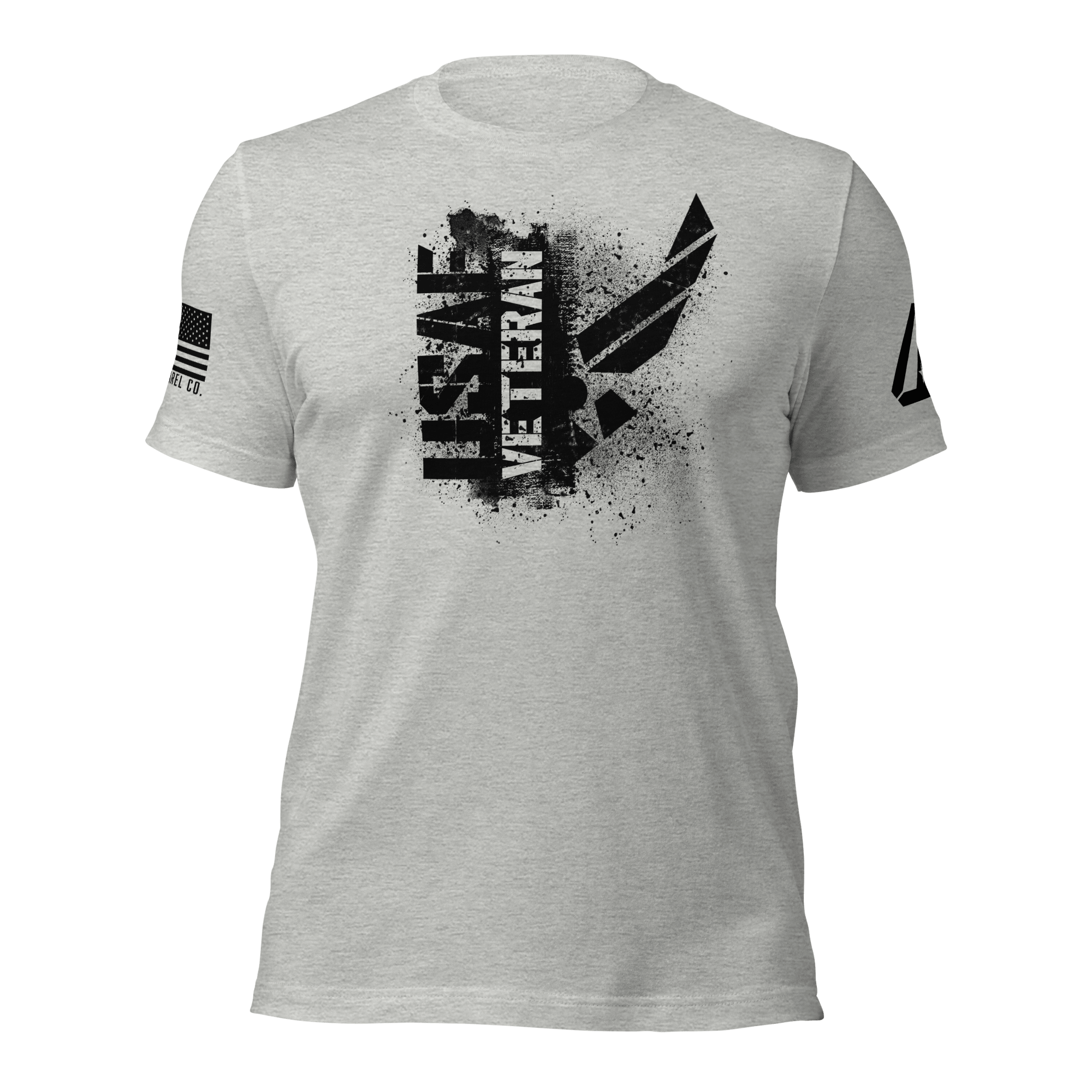 Athletic heather t-shirt featuring a black "USAF VETERAN" chest graphic, an American flag, and a DIA logo on the sleeves.