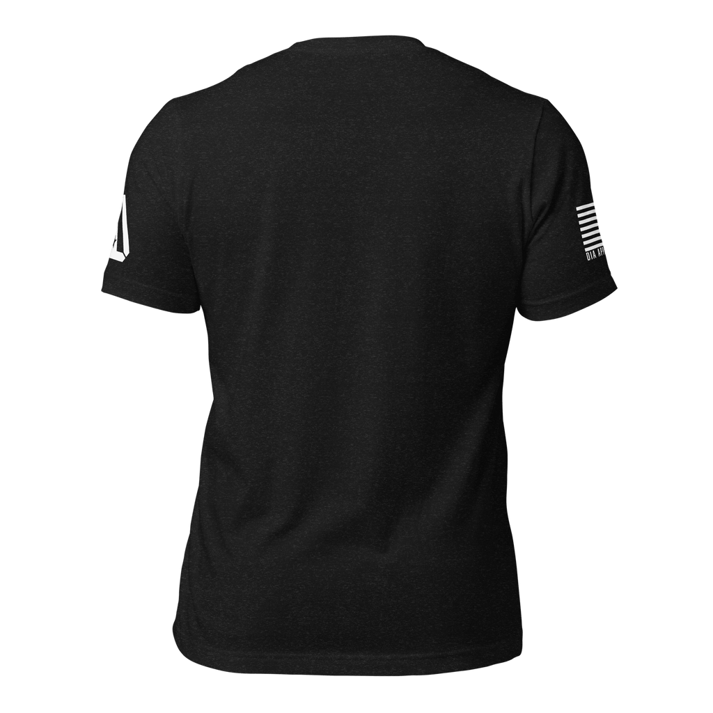 Black t-shirt, back view, featuring a white DIA logo on the left sleeve and an American flag on the right.