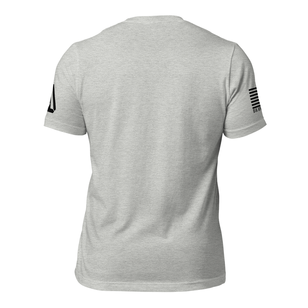 Light gray t-shirt, back view, featuring a black DIA logo on the left sleeve and an American flag on the right.