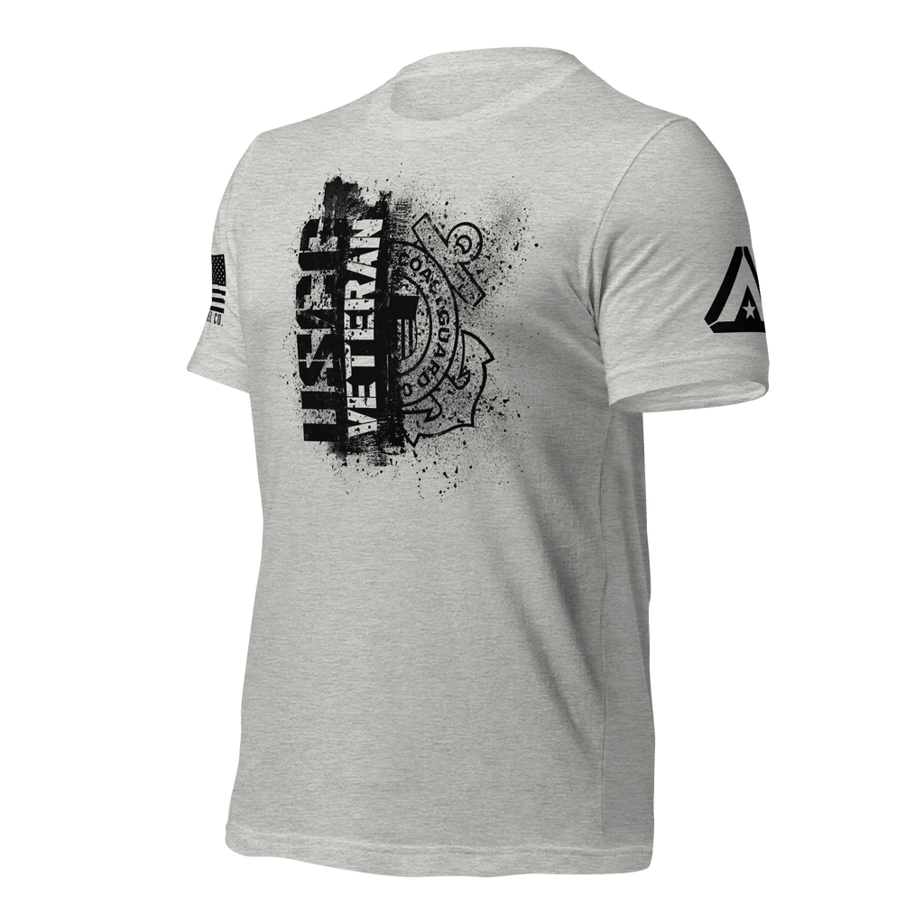 Athletic Heather t-shirt, angled right, featuring a black "USCG VETERAN" chest graphic and DIA logo on the sleeve.