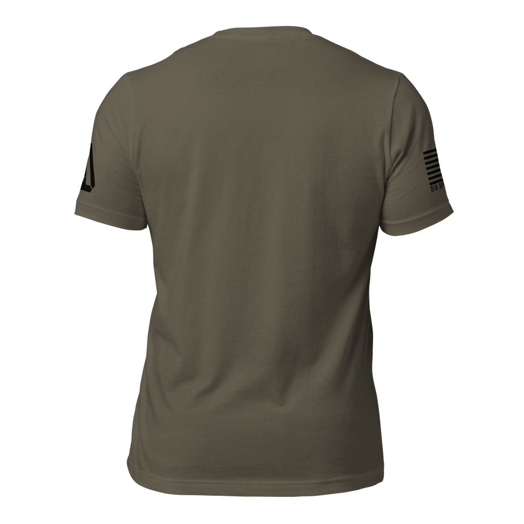 Army green t-shirt, back view, featuring a black DIA logo on the left sleeve and an American flag on the right.