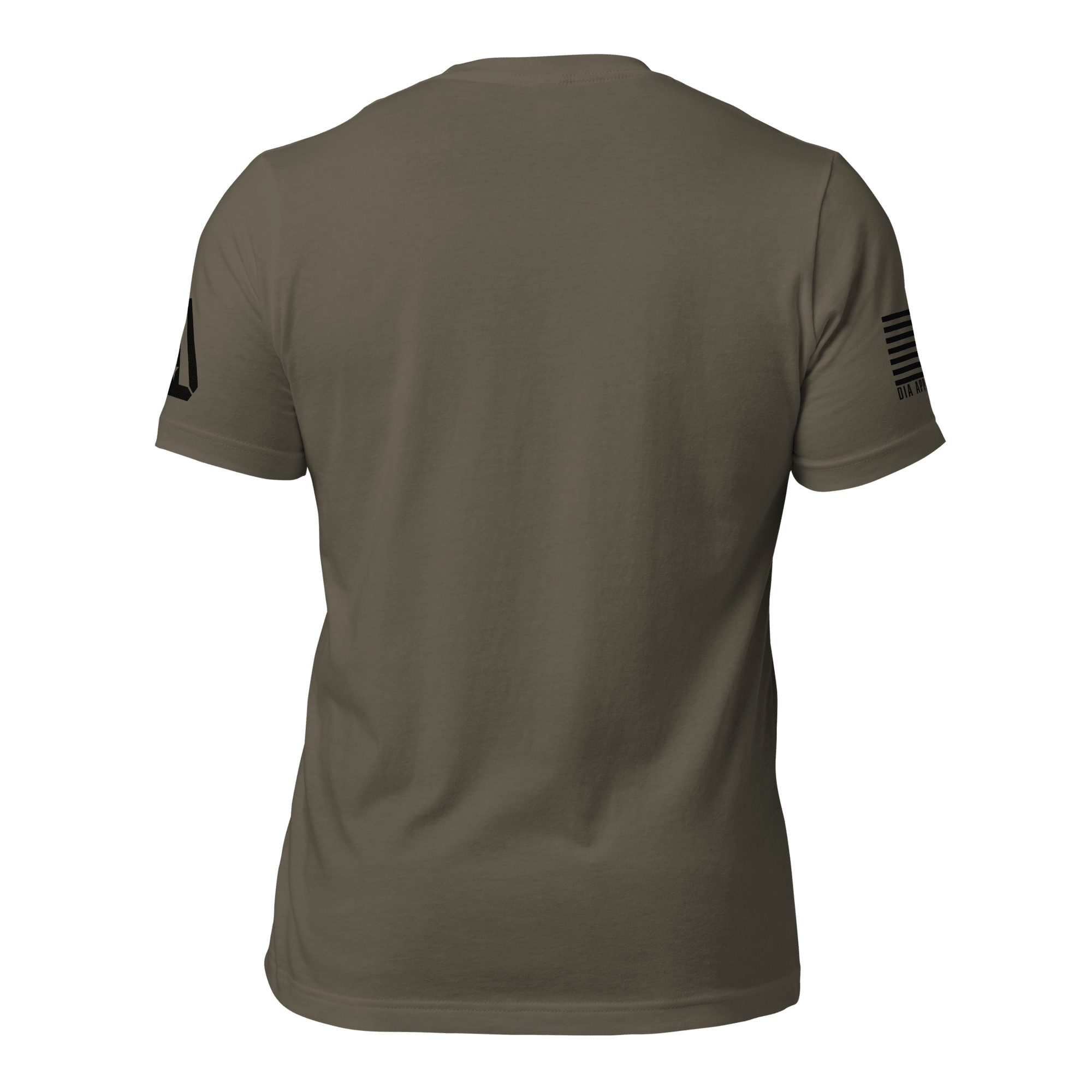 Army green t-shirt, back view, featuring a black DIA logo on the left sleeve and an American flag on the right.