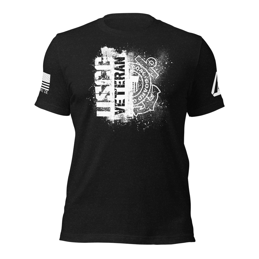 Black t-shirt featuring a white "USCG VETERAN" chest graphic, an American flag, and a DIA logo on the sleeves.