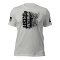 Athletic heather t-shirt featuring a black "USCG VETERAN" chest graphic, an American flag, and a DIA logo on the sleeves.