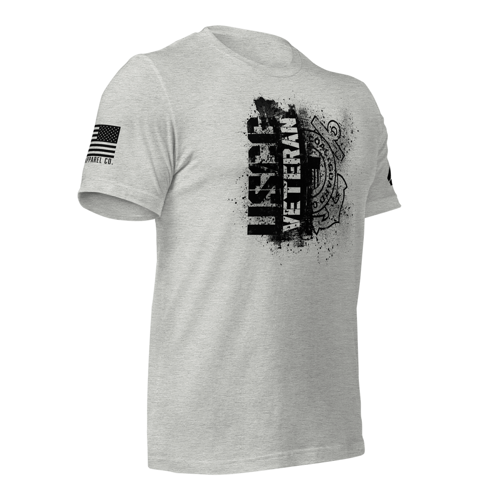 Athletic Heather t-shirt,  angled left, featuring a black "USCG VETERAN" chest graphic and an American flag on the sleeve.
