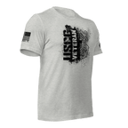 Athletic Heather t-shirt,  angled left, featuring a black "USCG VETERAN" chest graphic and an American flag on the sleeve.