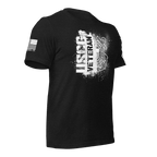 Black t-shirt, angled left, featuring a white "USCG VETERAN" chest graphic and an American flag on the sleeve.