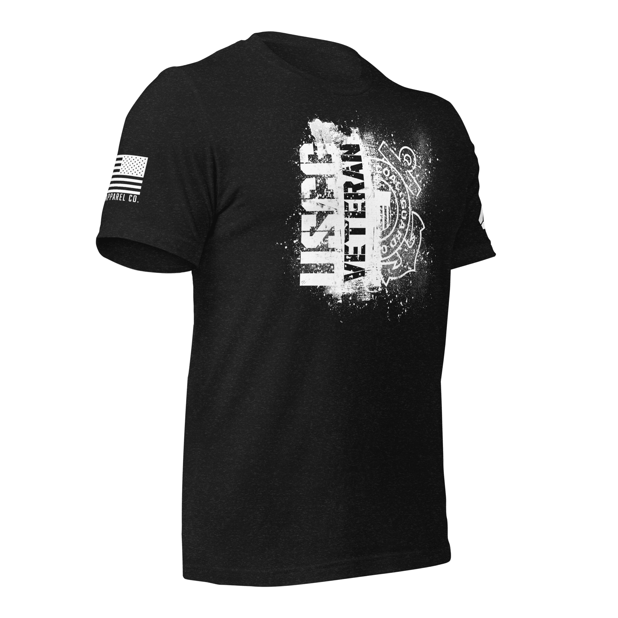 Black t-shirt, angled left, featuring a white "USCG VETERAN" chest graphic and an American flag on the sleeve.