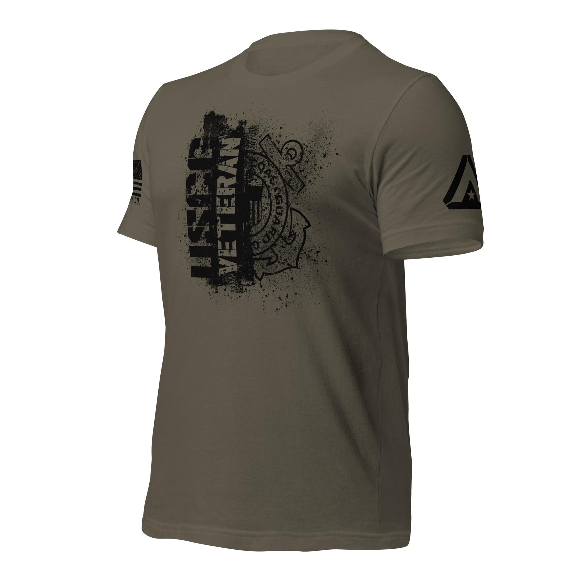 Army green t-shirt, view angled right, featuring a black "USCG VETERAN" chest graphic and DIA logo on the sleeve.