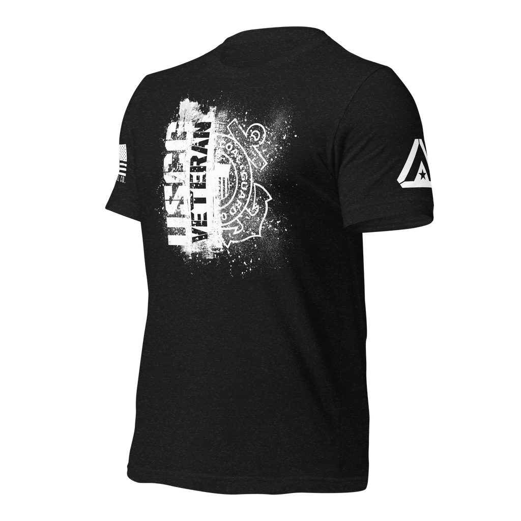 Black t-shirt, three-quarter view angled right, featuring a white "USCG VETERAN" chest graphic and DIA logo on the sleeve.