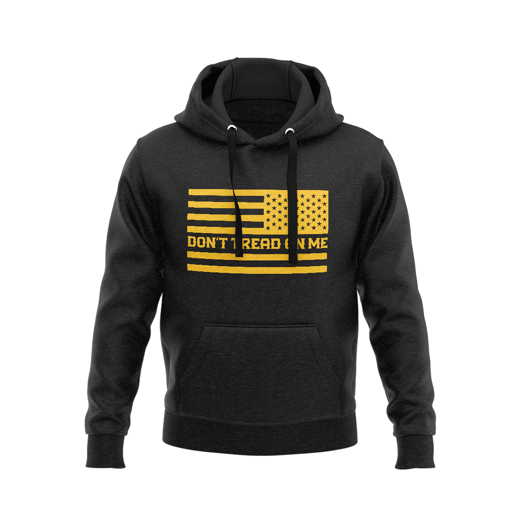 Black hoodie featuring a yellow American flag with "DON'T TREAD ON ME" text and a flag on the sleeve.