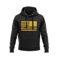Black hoodie featuring a yellow American flag with "DON'T TREAD ON ME" text and a flag on the sleeve.