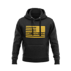 Black hoodie featuring a yellow American flag with "DON'T TREAD ON ME" text and a flag on the sleeve.