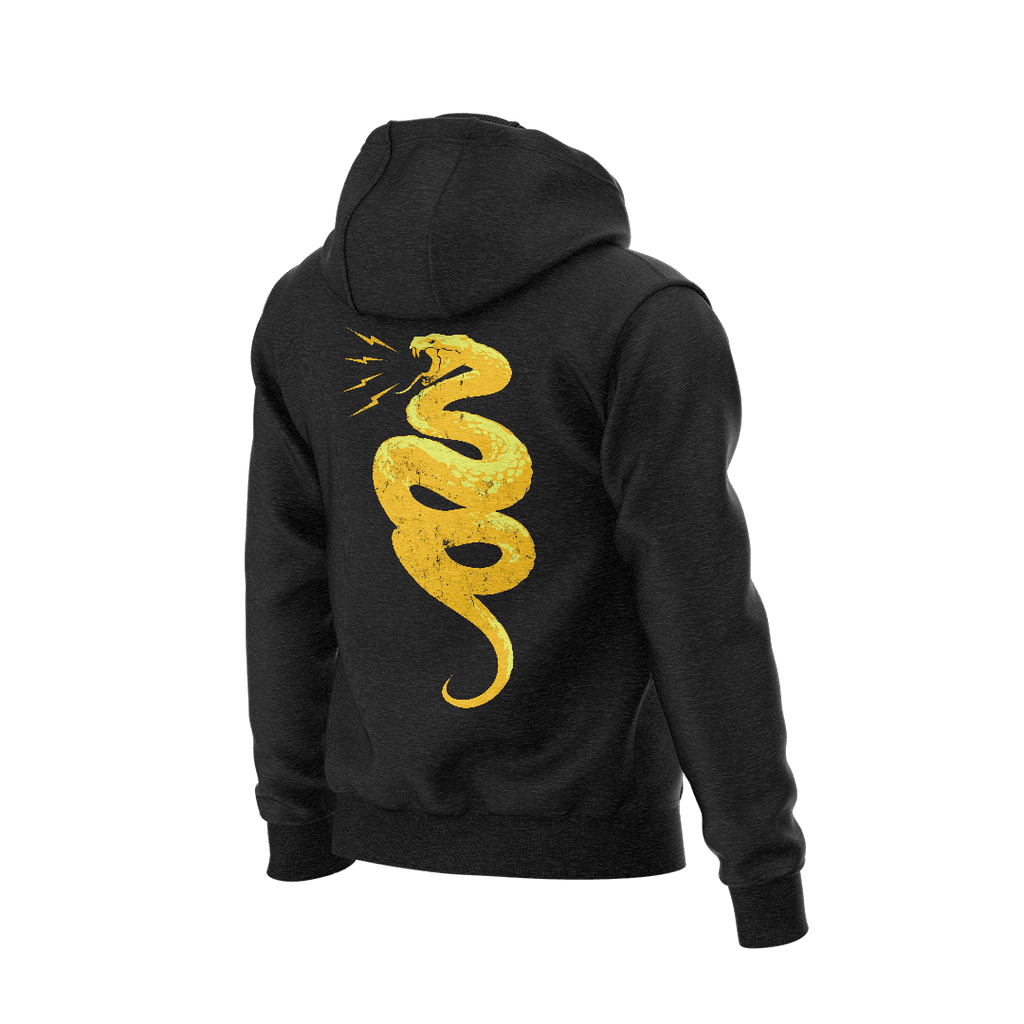 Black hoodie featuring a yellow coiled rattlesnake back graphic with lightning bolts.