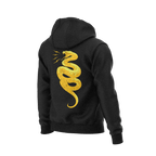 Black hoodie featuring a yellow coiled rattlesnake back graphic with lightning bolts.
