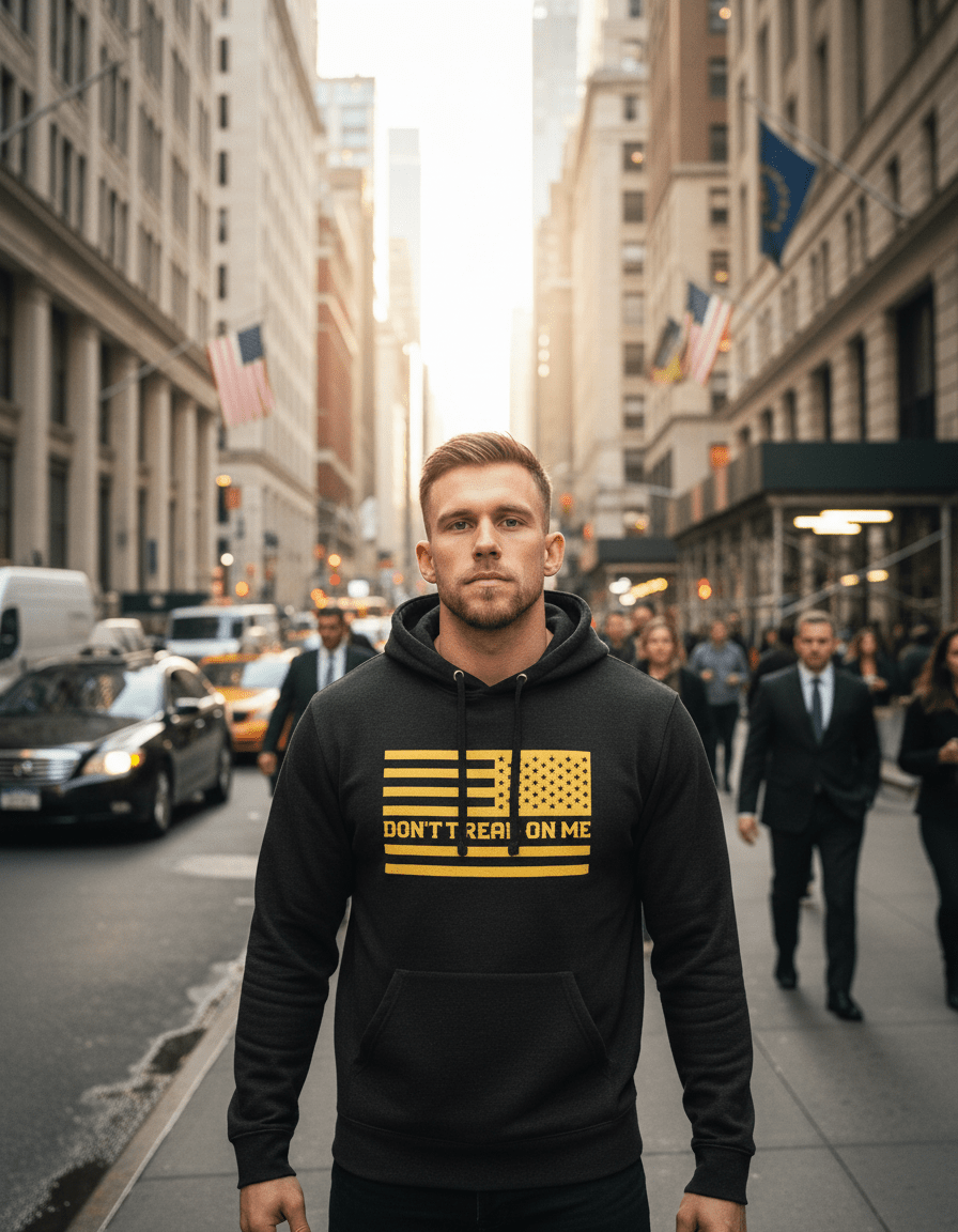 Man in a busy city wearing black hoodie with a yellow American flag and "DON'T TREAD ON ME" text.