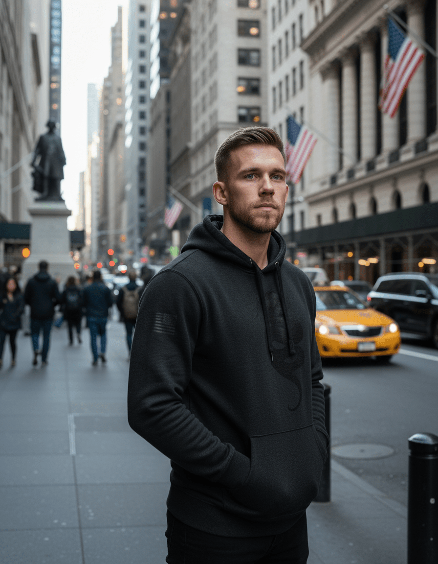 Man in a busy city, wearing a stealth black hoodie with a tonal rattlesnake and an American flag.