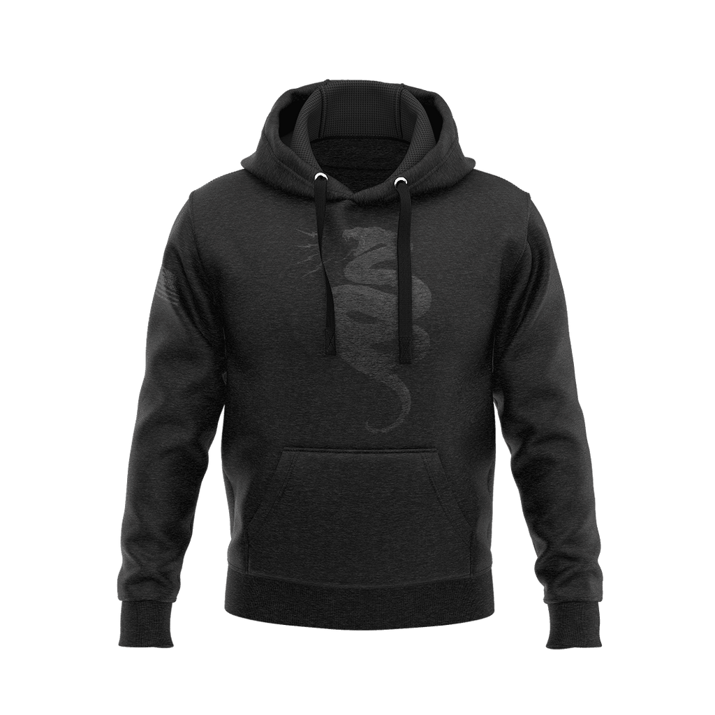 Black hoodie featuring a subtle, tonal black coiled rattlesnake graphic with an American flag on the right sleeve.
