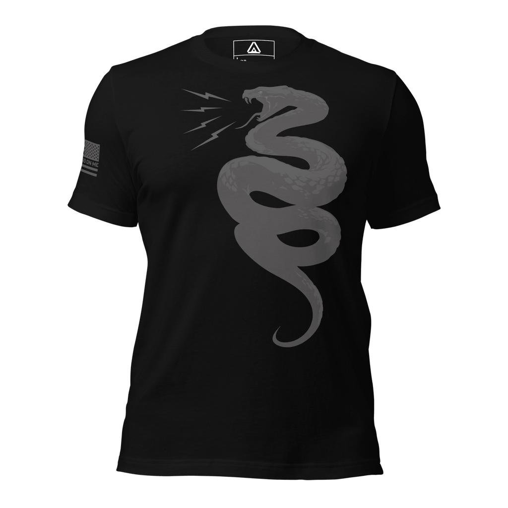 Black t-shirt front with a tonal grey coiled snake graphic and a grey American flag on the sleeve.