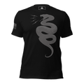 Black t-shirt front with a tonal grey coiled snake graphic and a grey American flag on the sleeve.