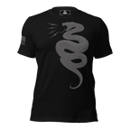 Black t-shirt front with a tonal grey coiled snake graphic and a grey American flag on the sleeve.