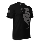 Black t-shirt front with a grey tonal coiled snake and a grey American flag on the sleeve.
