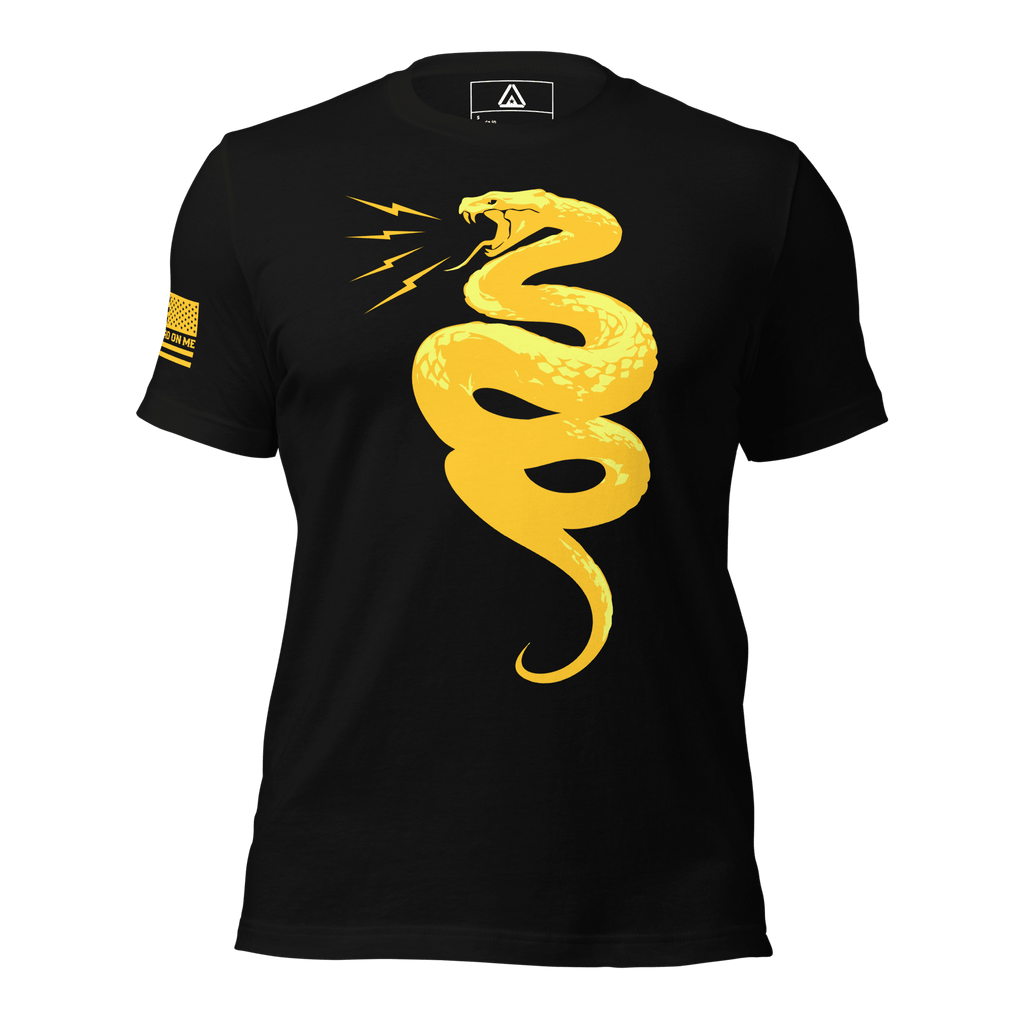 Black t-shirt front with a yellow coiled snake graphic and an American flag on the sleeve.