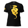 Black t-shirt front with a yellow coiled snake graphic and an American flag on the sleeve.