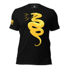 Black t-shirt front with a yellow coiled snake graphic and an American flag on the sleeve.