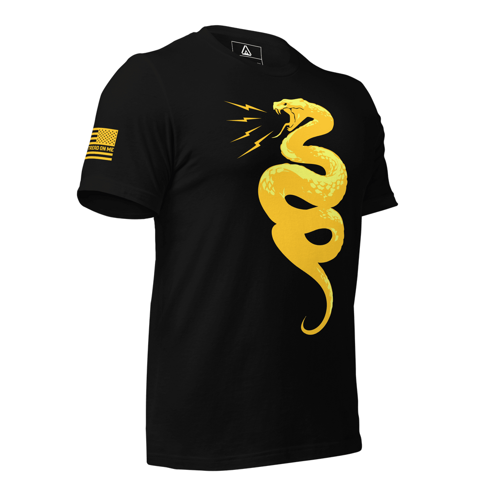 Black t-shirt front with yellow Gadsden snake and "DON'T TREAD ON ME" American flag on the sleeve.