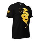 Black t-shirt front with yellow Gadsden snake and "DON'T TREAD ON ME" American flag on the sleeve.