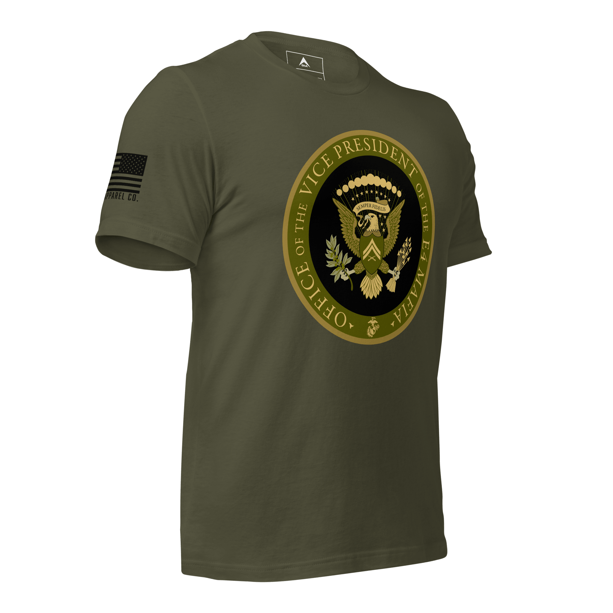 Military green shirt angled left featuring a gold E4 MAFIA seal graphic and a black American flag sleeve.