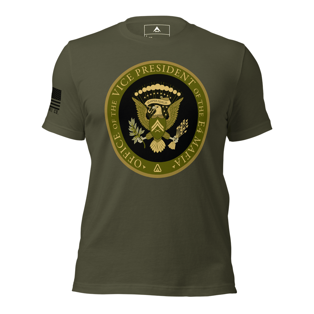 Army green t-shirt featuring an "Office of the Vice President of the E4 Mafia" seal
