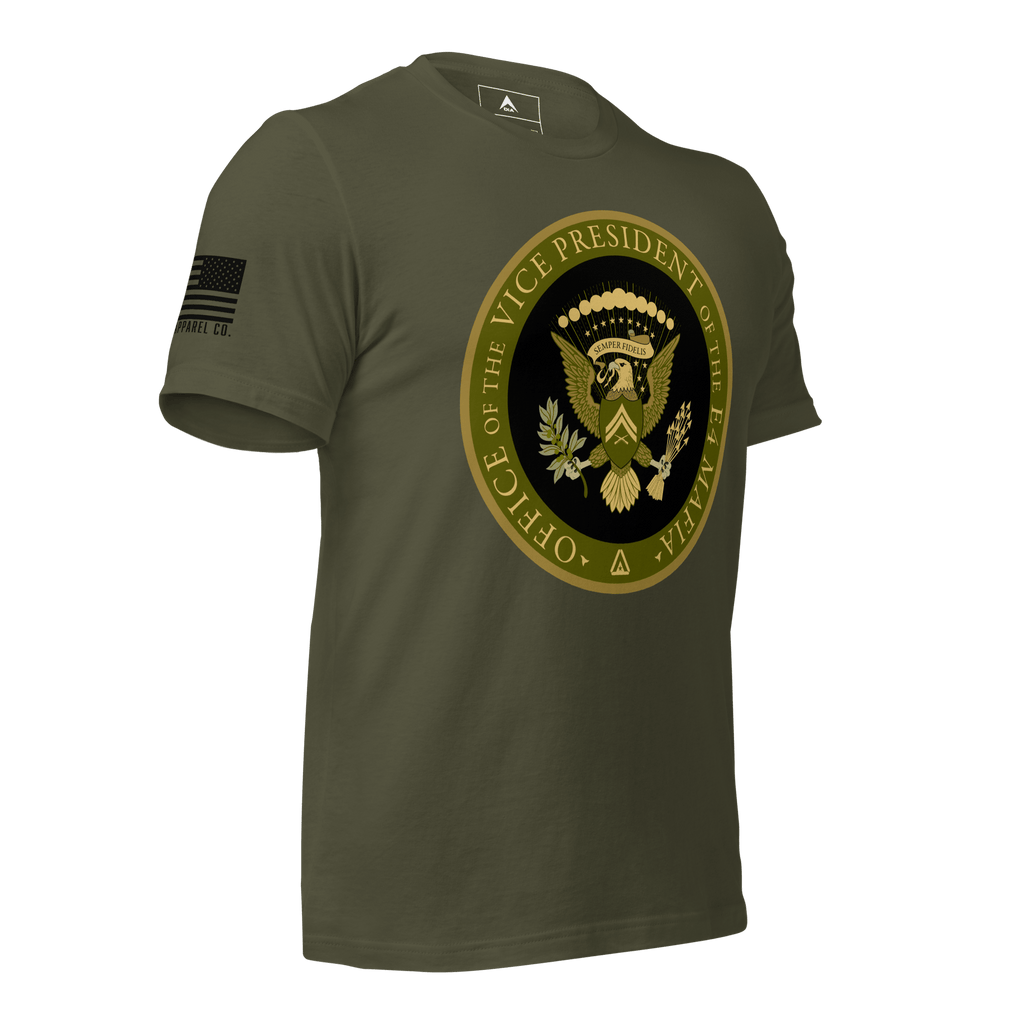 Army green t-shirt featuring an "Office of the Vice President of the E4 Mafia" seal shown from a three-quarter view