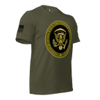 Army green t-shirt featuring an "Office of the Vice President of the E4 Mafia" seal shown from a three-quarter view