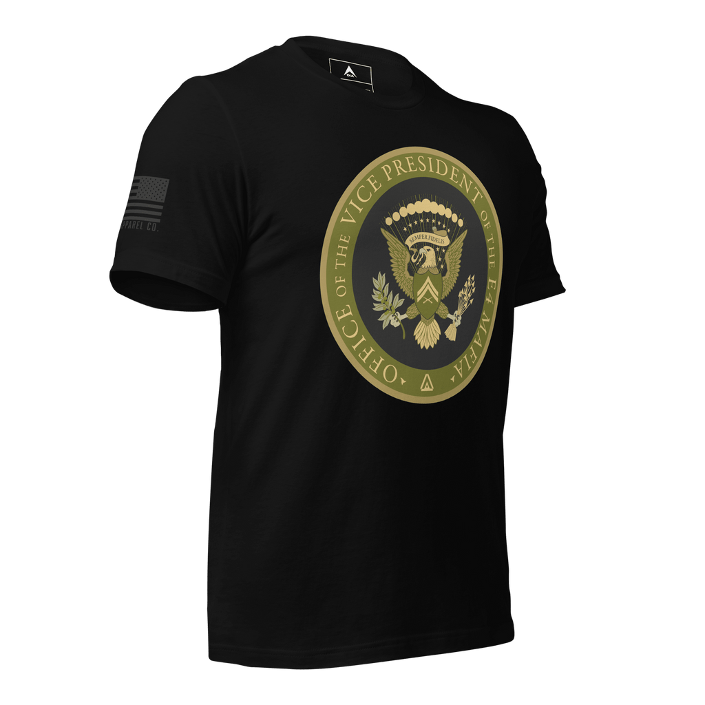 Black t-shirt featuring an "Office of the Vice President of the E4 Mafia" seal shown from a three-quarter view