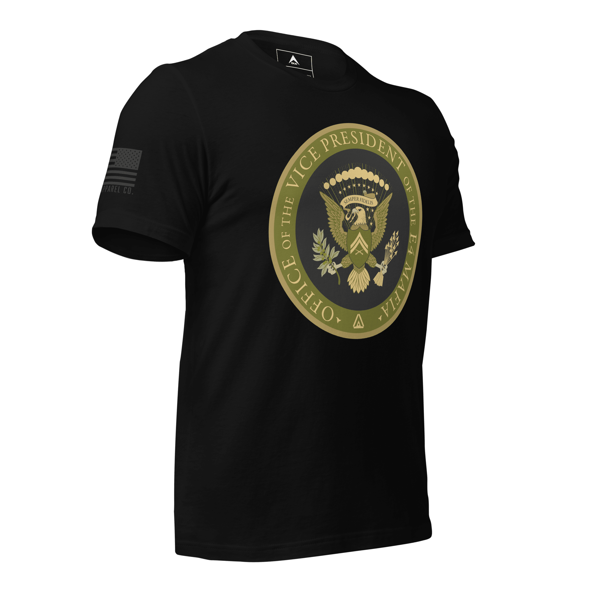 Black t-shirt featuring an "Office of the Vice President of the E4 Mafia" seal shown from a three-quarter view