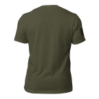 Army green t-shirt shown from the back, featuring an American flag on the sleeve.