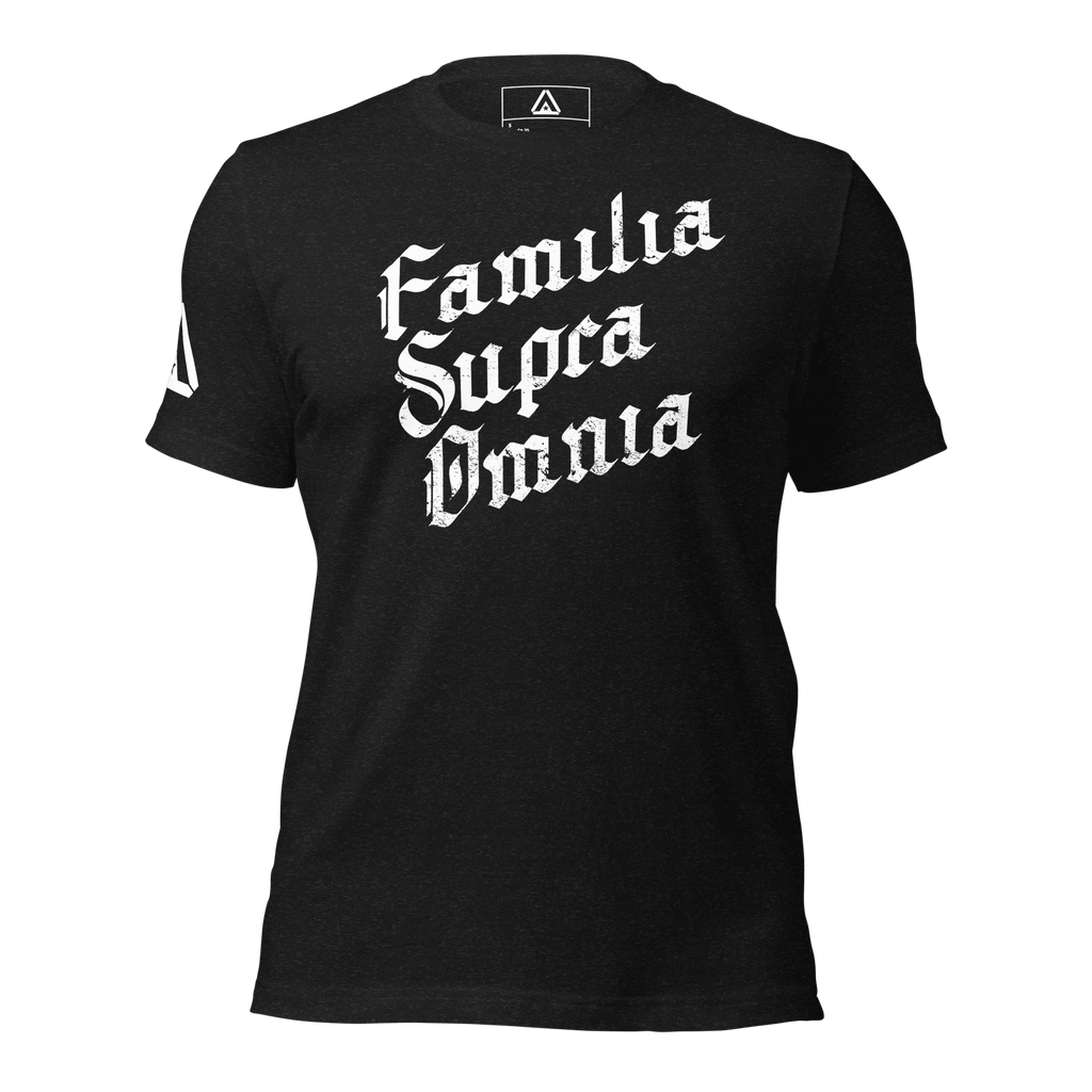 Black t-shirt featuring a white, distressed "Familia Supra Omnia" chest graphic in a gothic font and a DIA logo.