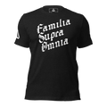 Black t-shirt featuring a white, distressed "Familia Supra Omnia" chest graphic in a gothic font and a DIA logo.
