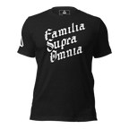 Black t-shirt featuring a white, distressed "Familia Supra Omnia" chest graphic in a gothic font and a DIA logo.