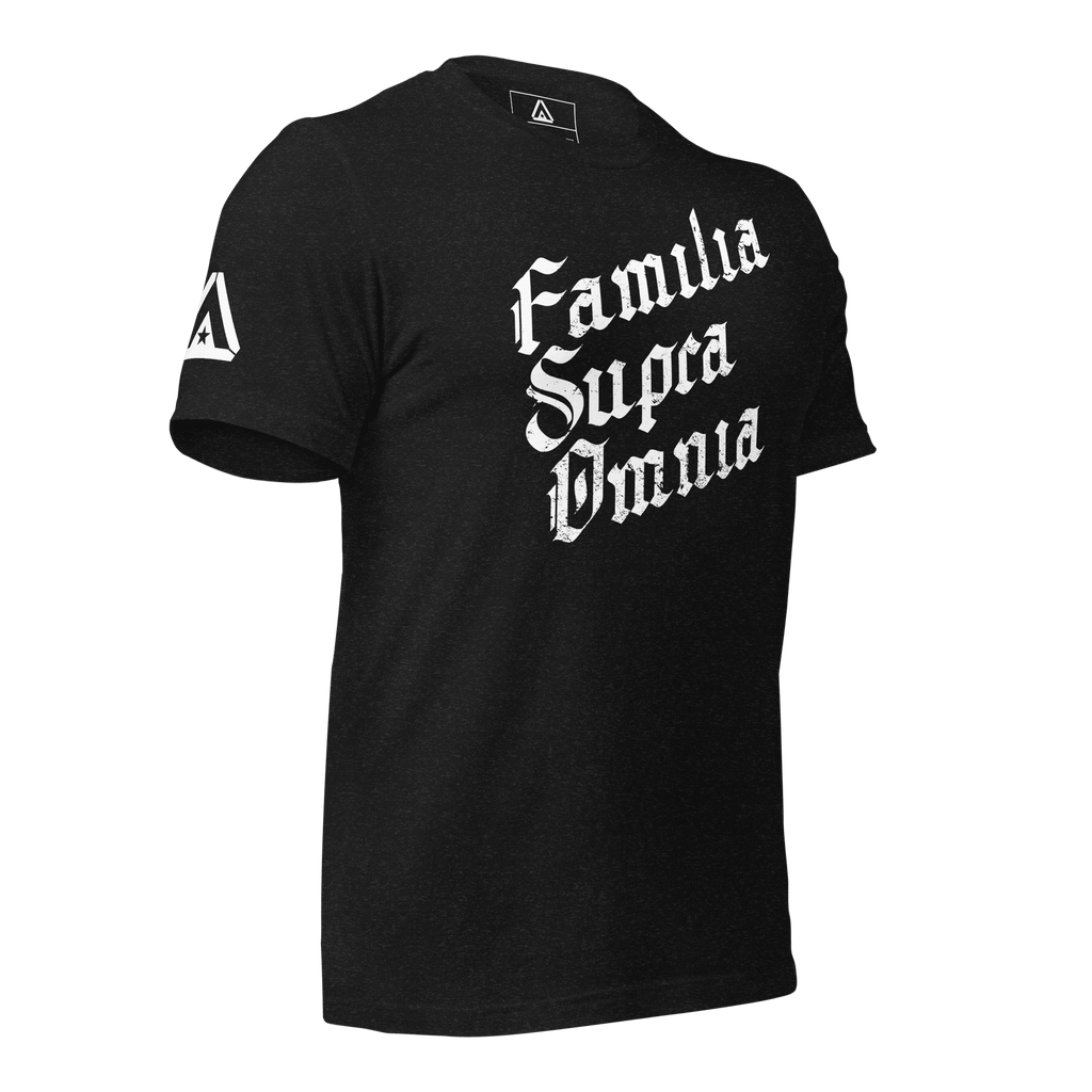 Black t-shirt, three-quarter view angled left, featuring white "Familia Supra Omnia" chest text and a DIA logo.