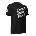 Black t-shirt, three-quarter view angled left, featuring white "Familia Supra Omnia" chest text and a DIA logo.